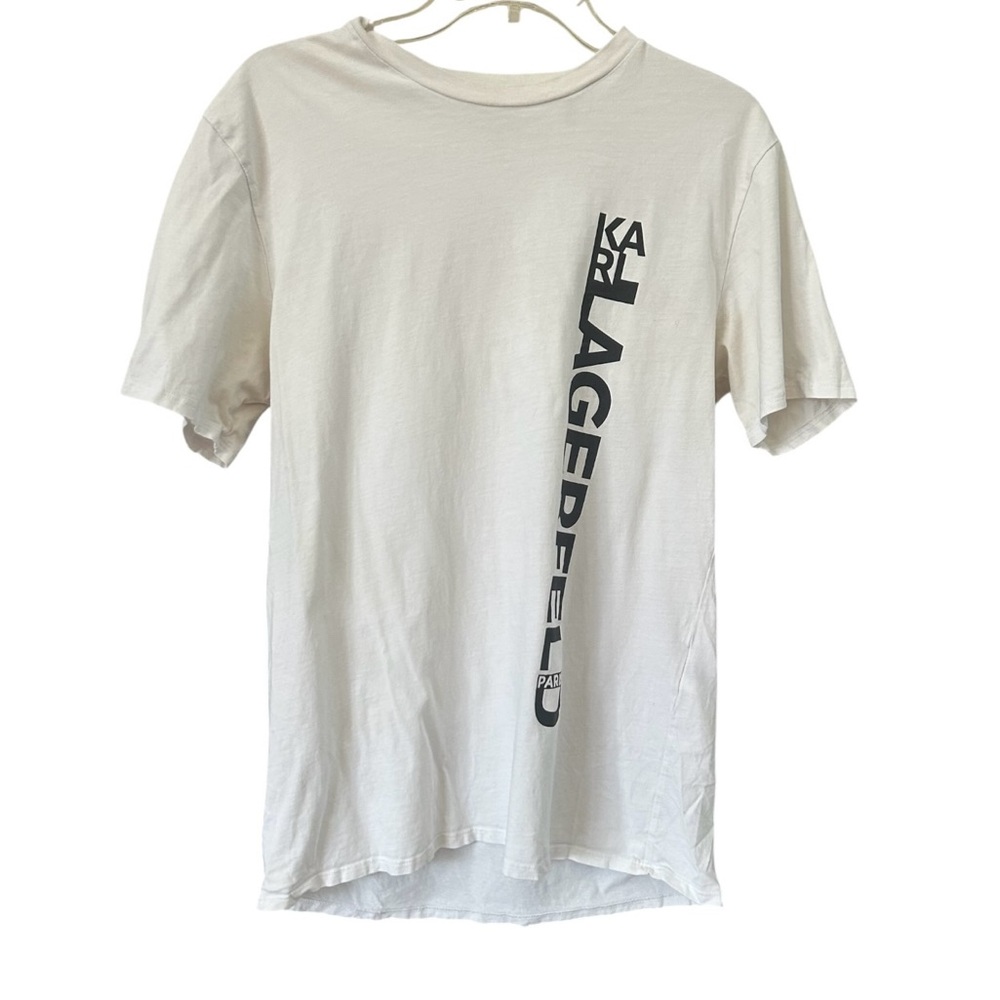 Karl Lagerfeld Men's Tee Shirt Sz MEDIUM White Black Vertical Logo Paris Cotton